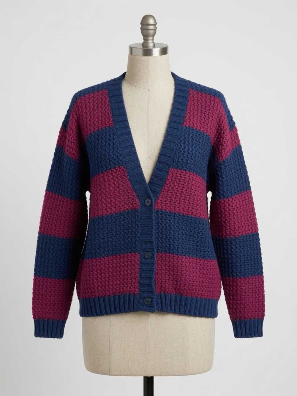 Vintage Chunky Knit Cardigan NavyBlue Berry Stripe Oversized M 90s Grunge
